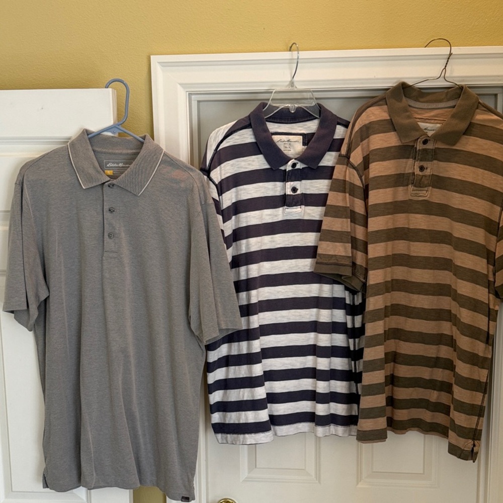 Eddie Bauer Men's Polo Shirt Trio - Gray, Navy, and Brown Stripes